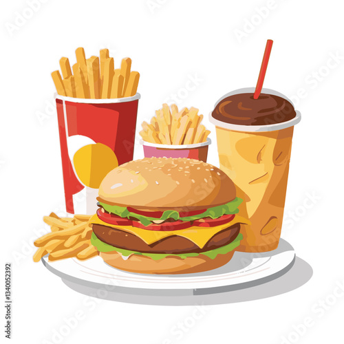 food, meal, restaurant, fast, burger, snack, dinner, hamburger, meat, isolated, lunch, menu, tasty, cheeseburger, fast food, delicious, fastfood, sandwich, set, drink, unhealthy, vector, pizza, eat, b