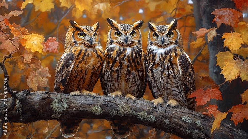 Obraz premium Owls on Branch, Autumn Leaves (1)