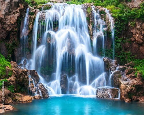 Crystal-clear waterfall cascading down rugged rocks into a turquoise pool surrounded by greenery
