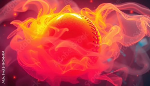 Cyber-Futuristic Action: Glowing Neon Baseball Surrounded by Luminescent Mist