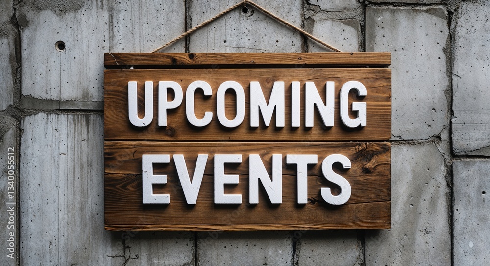 upcoming events lettering on wooden sign board hanging on concrete wall background upcoming events lettering on wooden sign board hanging on concrete wall background