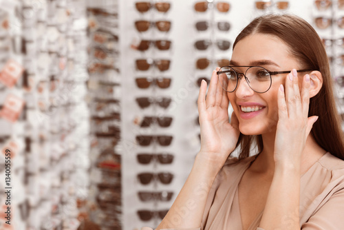 Valokuva A young woman wearing a light blouse smiles while trying on a pair of glasses in an eyewear store
