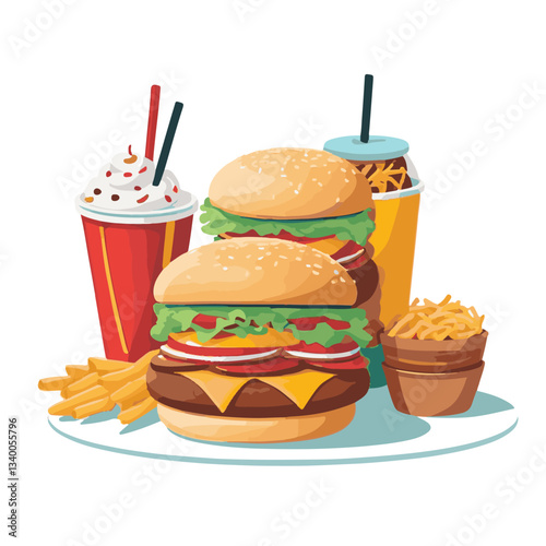 food, meal, restaurant, fast, burger, snack, dinner, hamburger, meat, isolated, lunch, menu, tasty, cheeseburger, fast food, delicious, fastfood, sandwich, set, drink, unhealthy, vector, pizza, eat, b