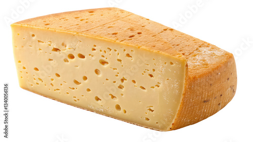 Aged hard cheese wheel with a wedge cut out, displaying its rich texture and deep flavor, perfect for gourmet food photography and dairy product branding on transparent background PNG.