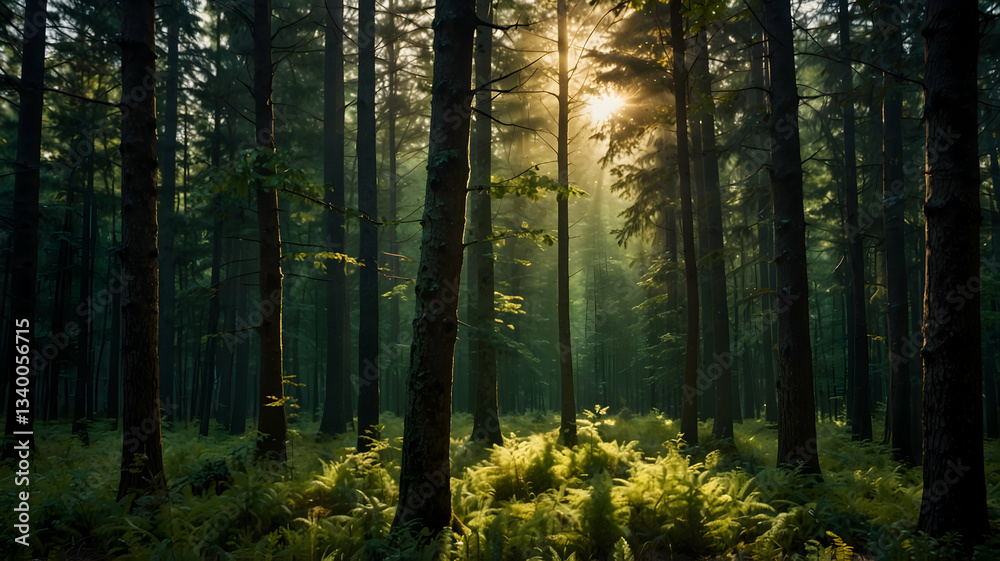 Fototapeta premium Sunlight Piercing a Misty Forest, Evoking Tranquility