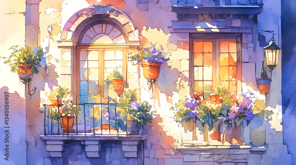 Obraz premium 植木鉢で飾られた窓辺の水彩イラスト風景