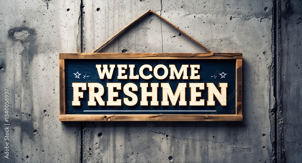 welcome freshmen lettering on wooden sign board hanging on concrete wall background welcome freshmen lettering on wooden sign board hanging on concrete wall background