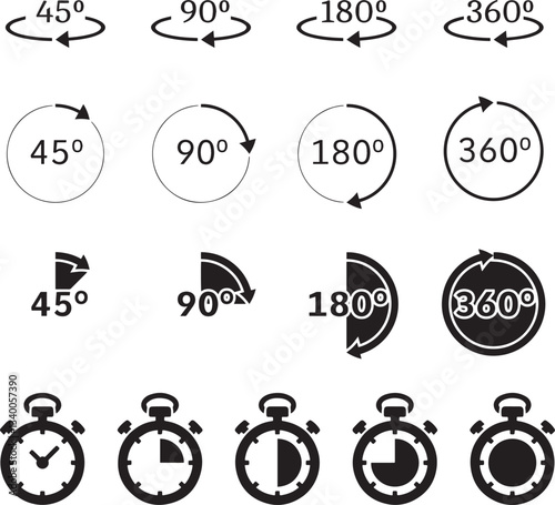 Rotation Degree and Stopwatch Icons. 45°, 90°, 180°, 360° Angle Symbols