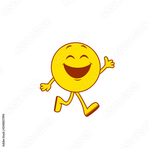 A joyful yellow circular character with wide eyes, a big toothy grin showing a pink tongue, and a clenched fist raised in excitement, running with one leg lifted 