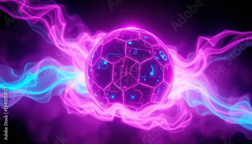 Futuristic Sports Ball, Neon Vapor Trails, Cyberpunk Theme, Digital Art, Dynamic Environment, Close-up View