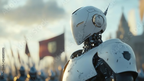 A futuristic white robot observing an army on a sunny battlefield photo
