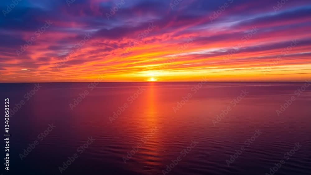 Vibrant sunset over calm ocean waters with colorful clouds reflecting on the surface Vibrant sunset over calm ocean waters with colorful clouds reflecting on the surface