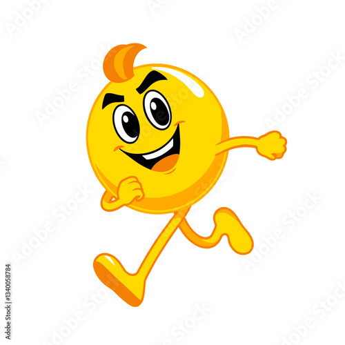 This image showcases a vibrant yellow emoji character with a dynamic pose, suggesting movement or running. It features a small tuft of orange hair styled in a mohawk or spike