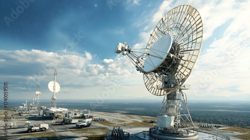 A large satellite communication dish antenna stands on a research facility potentially disrupted by energy signatures from deep space interfering with signal transmission and satellite network