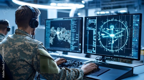 A military officer in uniform uses an advanced digital console to monitor and defend against drone threats with multiple screens displaying radar data and tracking information