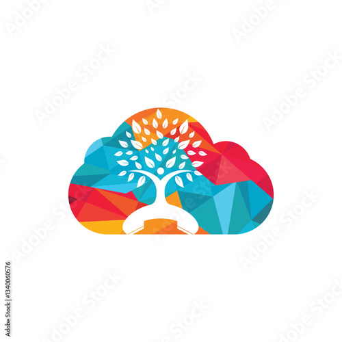 Nature call vector logo design. Handset and human tree with cloud shape icon design template.