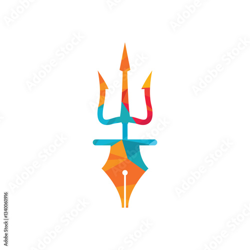 Pen trident vector logo design. Trident and nib icon illustration.