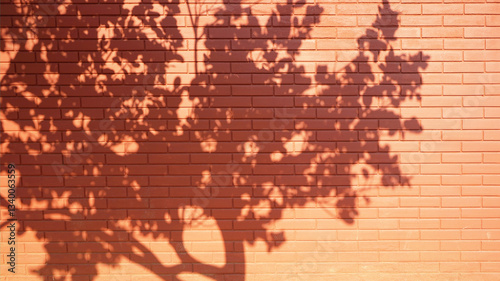 Obraz na płótnie Tree shadow. Terracotta red brown orange brick wall. Background. Exterior outdoor. Plant leaves nature. Design. w salonie
