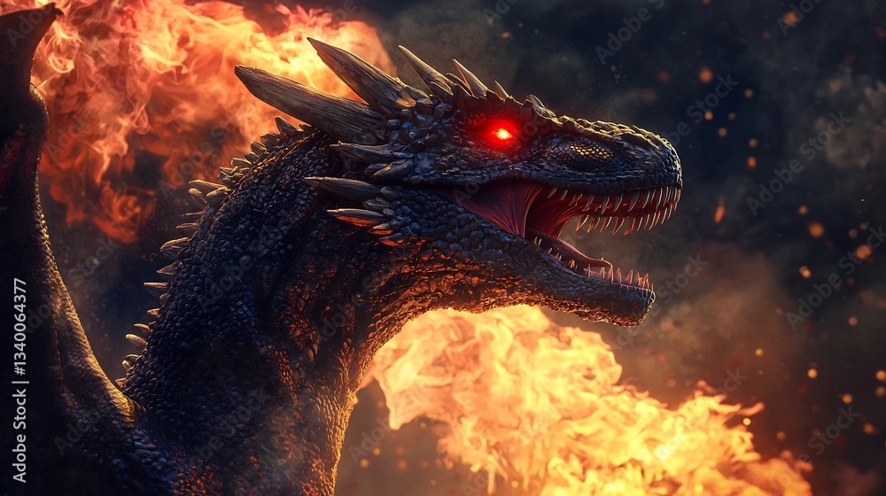 Fire breathing dragon dinosaur hybrid in an epic fantasy setting glowing red eyes Fire breathing dragon dinosaur hybrid in an epic fantasy setting glowing red eyes
