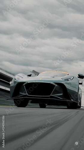 Highspeed sports car racing on track with dynamic motion and dramatic skies