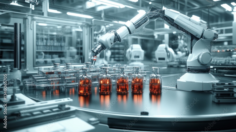 Robotic Arm Filling Glass Vials in Factory Setting Robotic Arm Filling Glass Vials in Factory Setting