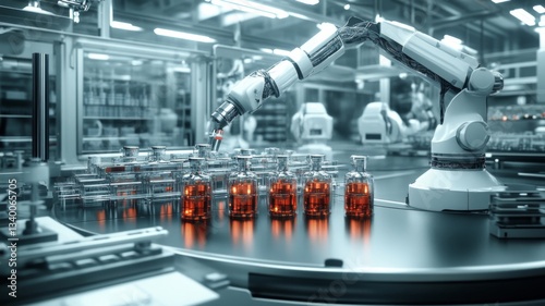 Robotic Arm Filling Glass Vials in Factory Setting