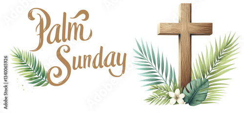 Palm Sunday . Christian cross vector sumbol .Palm Sunday consept. Wooden cross with palm leaves . Good Friday .Ester celebration.