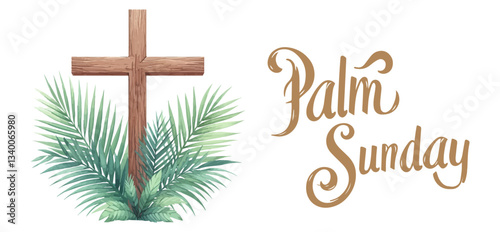 Palm Sunday . Christian cross vector sumbol .Palm Sunday consept. Wooden cross with palm leaves . Good Friday .Ester celebration.