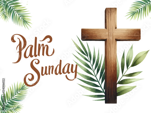 Palm Sunday . Christian cross vector sumbol .Palm Sunday consept. Wooden cross with palm leaves . Good Friday .Ester celebration.	