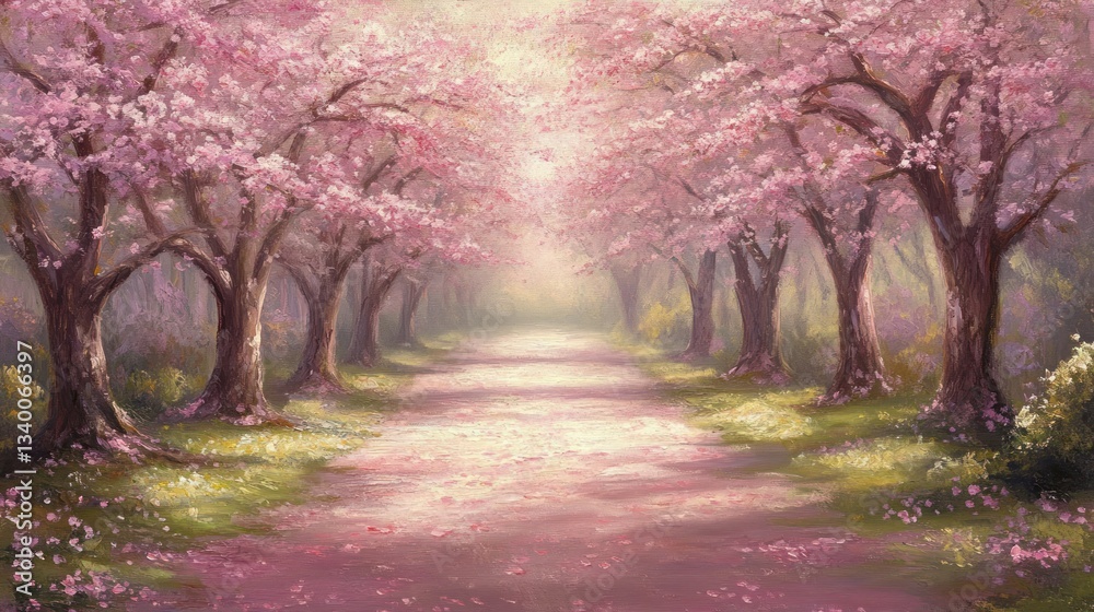 Pink Cherry Blossom Path in Spring Woods Pink Cherry Blossom Path in Spring Woods