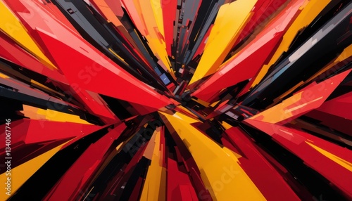 Dynamic Angular Shapes in Bold Red, Black, and Yellow Conveying Movement in Abstract Composition