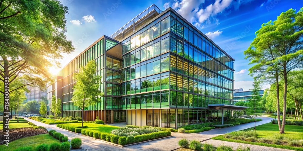 Obraz premium Eco-Friendly Glass Office Building in Lush City Green Space