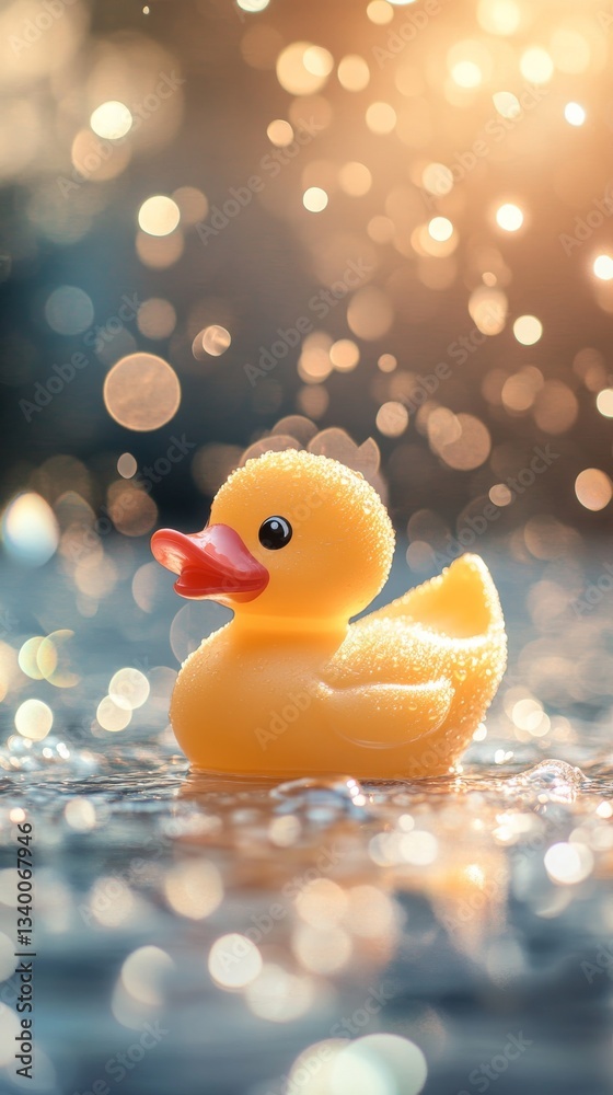 Yellow rubber duck with water drops and bokeh lights in evening light Yellow rubber duck with water drops and bokeh lights in evening light