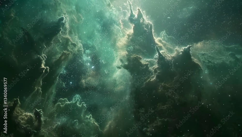 Fototapeta premium Dramatic Green Nebula Space Galaxy with Stars and Cosmic Dust