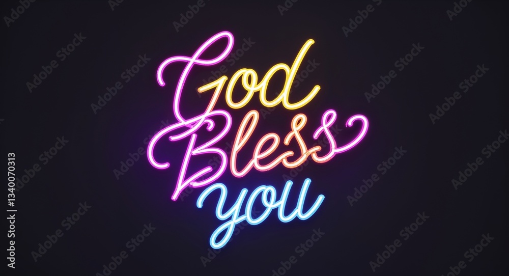 God bless you glowing colorful neon cursive calligraphy lettering on plain black dark background God bless you glowing colorful neon cursive calligraphy lettering on plain black dark background