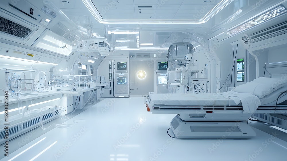 Obraz premium An empty sterile laboratory setting filled with various futuristic glowing technological devices and equipment creating an eerie and mysterious atmosphere