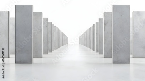 An image depicting rows of identical concrete walls stretching out in a symmetrical architectural layout symbolizing the conceptual barriers and divisions between global economic systems