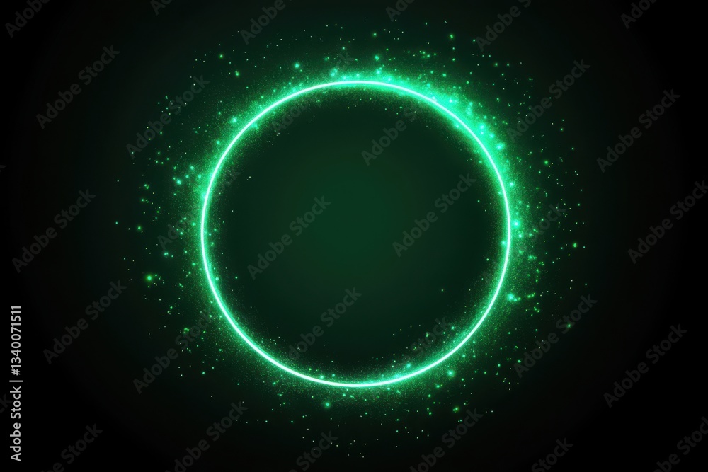 Glowing green light ring on black background with grainy gradient noise texture for abstract design Glowing green light ring on black background with grainy gradient noise texture for abstract design