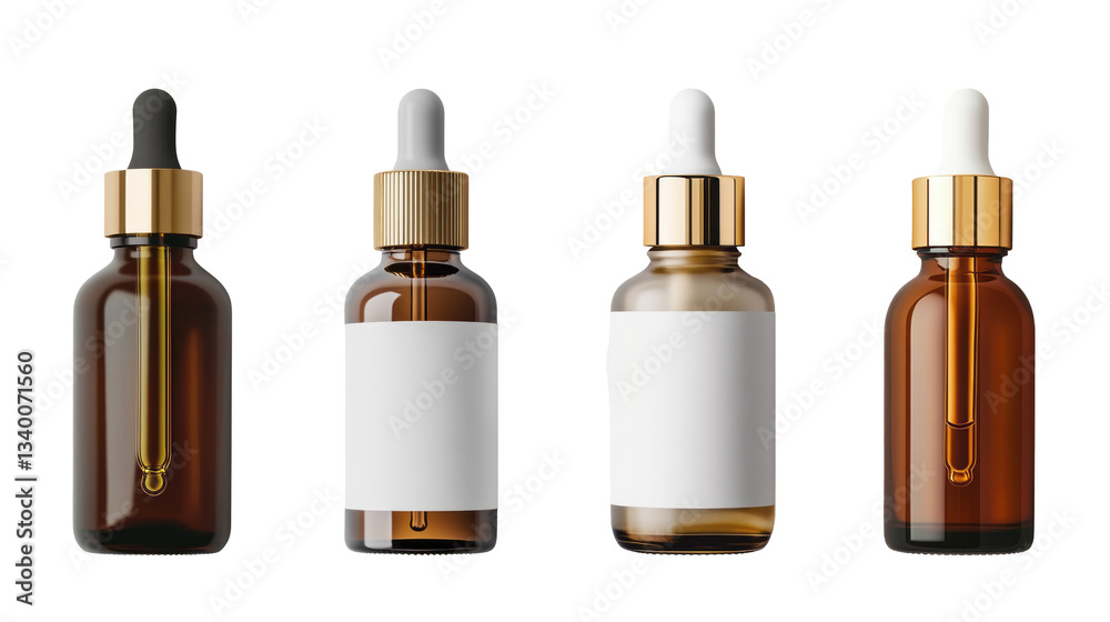 Four dropper bottles with golden lids and white labels. isolated on white or transparent background. Four dropper bottles with golden lids and white labels. isolated on white or transparent background.