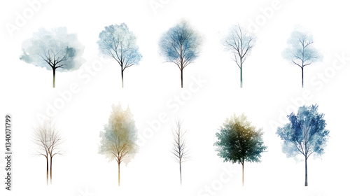 watercolor trees collection. isolated on white or transparent background.