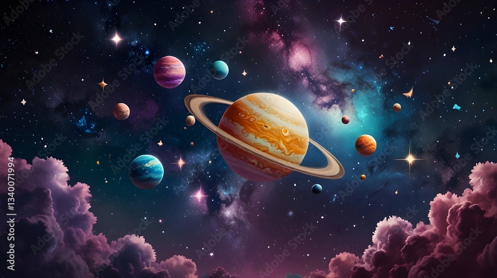 Naklejka premium A dreamy galaxy background with floating kawaii-style planets and stars