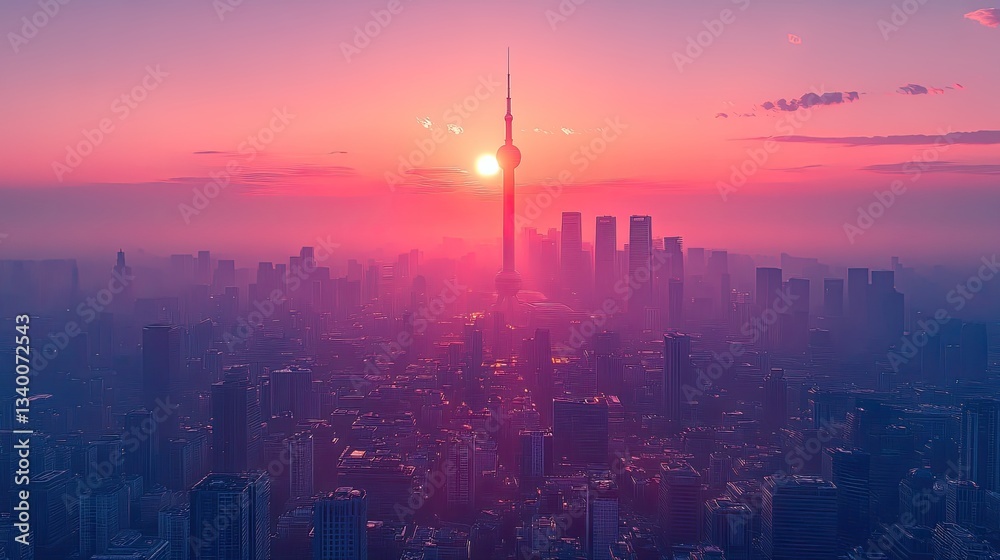 Fototapeta premium City skyline at sunrise, hazy atmosphere
