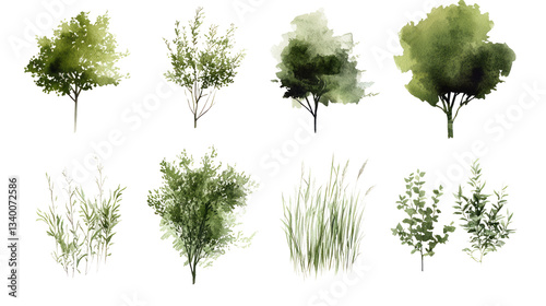 watercolor painting of trees and grass. isolated on white or transparent background.