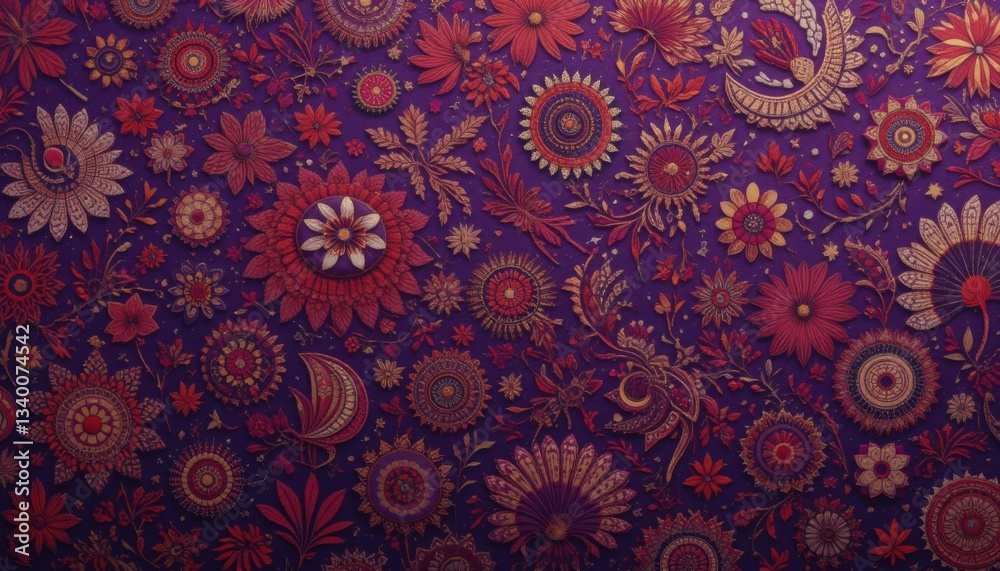 Vibrant Patterns Showcase Cultural Artistry in Rich Purples and Reds - Textile Design Background