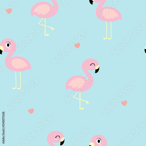 Seamless pattern of cute pink flamingos with hearts on a light blue background Ideal for textiles wallpaper
