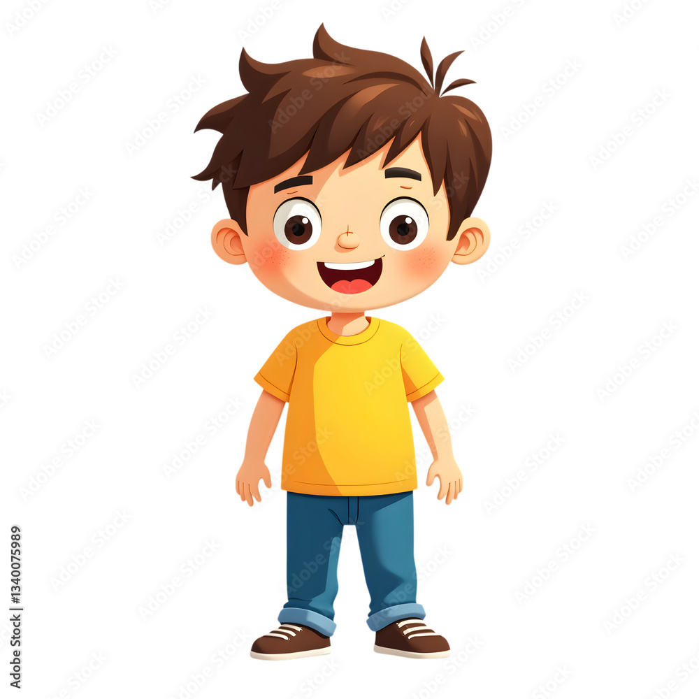 Cartoon illustration of a happy boy standing with brown hair and yellow shirt on transparent background image art Cartoon illustration of a happy boy standing with brown hair and yellow shirt on transparent background image art