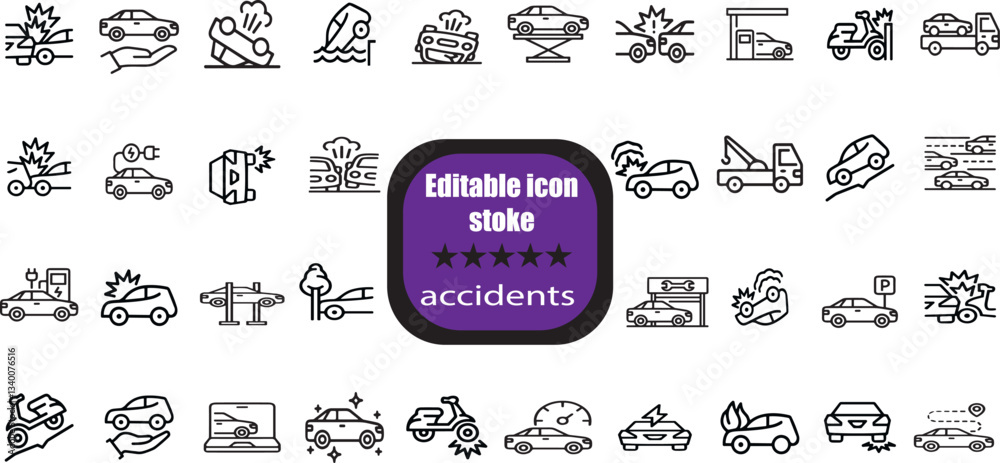 Naklejka premium outline icons related to accidents. Linear icon collection. Editable stroke