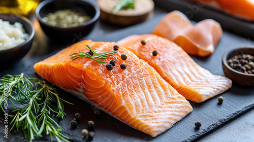 Fresh salmon fillets with herbs and spices on dark slate surface, creating warm and inviting kitchen atmosphere