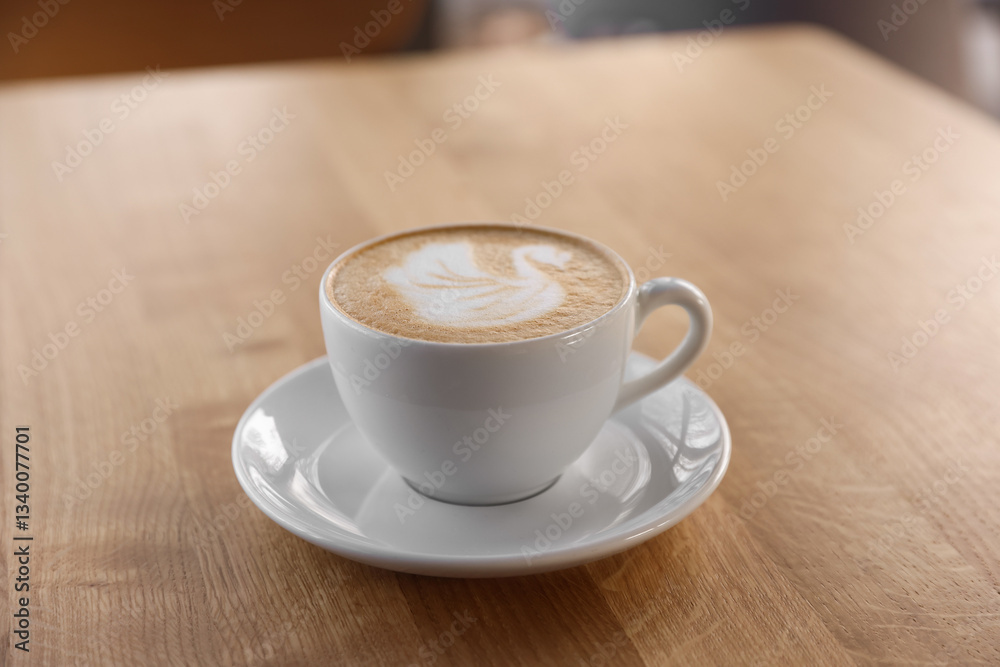 Fototapeta premium Cup of aromatic coffee on wooden table in cafe, closeup