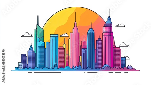 Colorful city skyline at sunset
